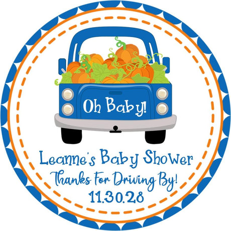 blue truck baby shower sticker with pumpkins
