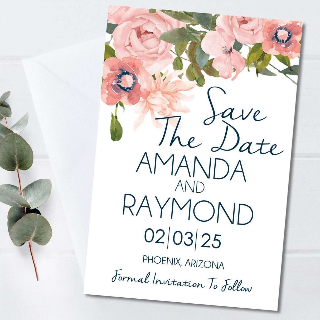 blush and navy floral save the date cards watercolor botanical design