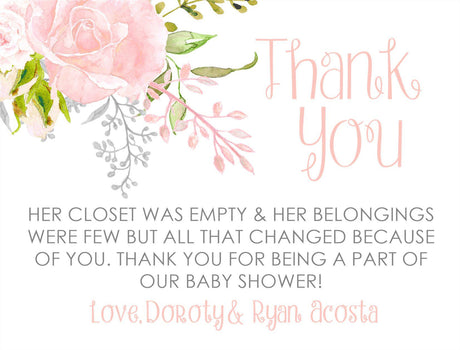 blush floral baby shower thank you cards watercolor rose design