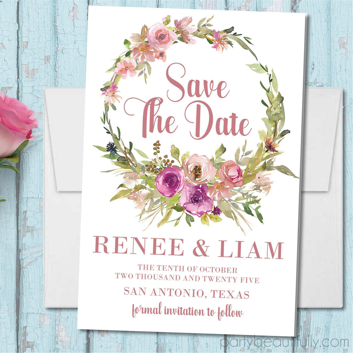blush floral wreath save the date cards romantic wedding design