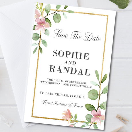 blush greenery save the date cards elegant botanical frame design
