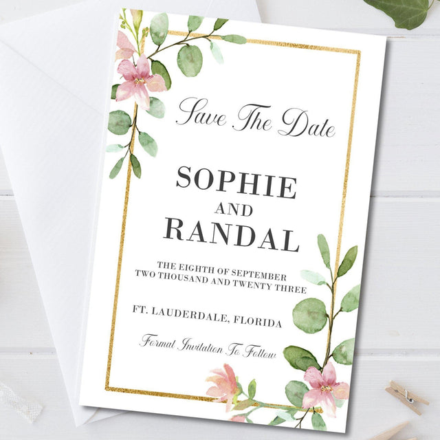 blush greenery save the date cards elegant botanical frame design