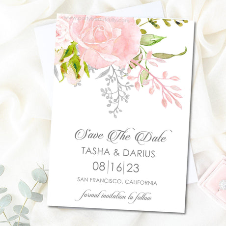 blush rose save the date cards soft watercolor botanical design