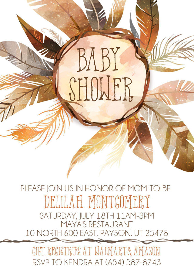 boho baby shower invitations neutral feather design
