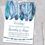 boho boy baby shower invitations blue watercolor feather design