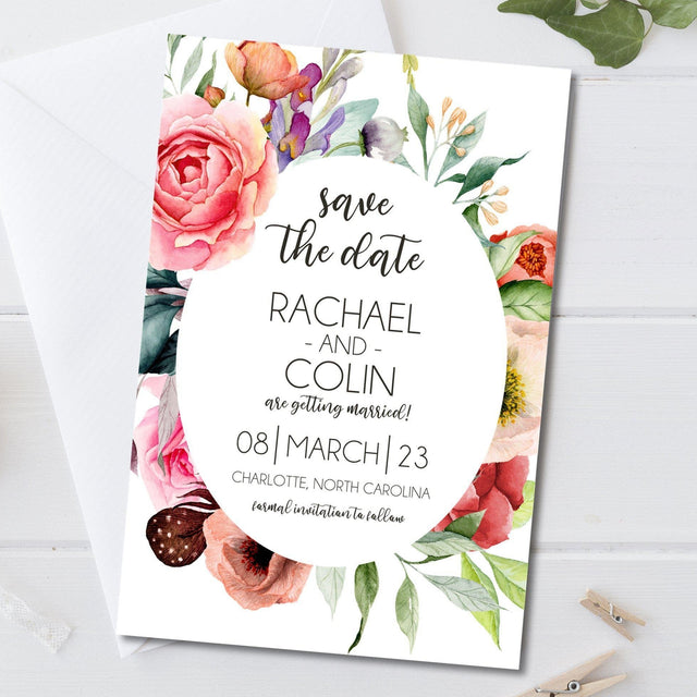 bold floral save the date cards colorful botanical wedding design