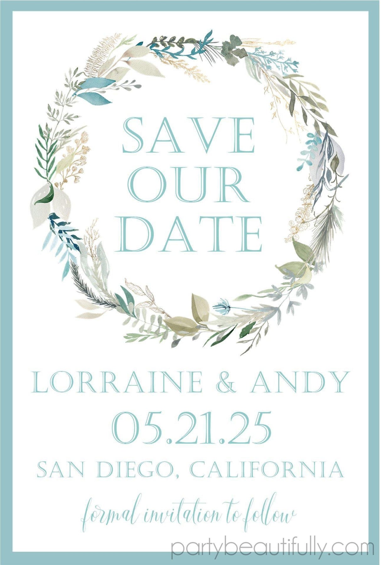 botanical wedding save the dates dusty blue watercolor foliage theme