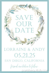 botanical wedding save the dates dusty blue watercolor foliage theme