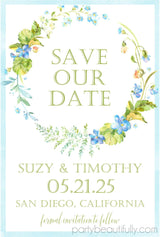 botanical wedding save the dates modern minimalist blue greenery theme