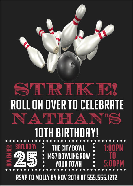 bowling birthday party invitations black red strike design