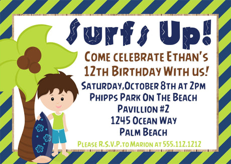boy surf birthday party invitations tropical beach design