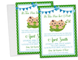 boys blue green two peas in a pod baby shower invitations blue banner design