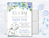 boys blue watercolor elephant baby shower invitations pastel flower theme