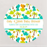boys dinosaur baby shower sticker with tropical design