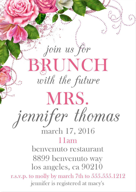 brunch bridal shower invitations pink rose floral design