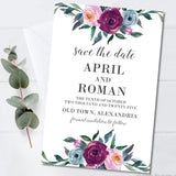 burgundy and blue floral save the date cards watercolor botanical design