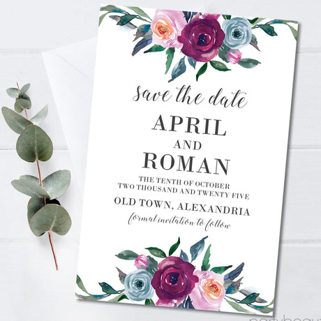 burgundy and blue floral save the date cards watercolor botanical design