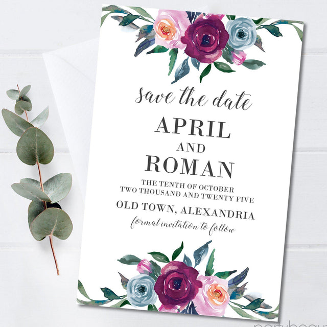 burgundy and blue floral save the date cards watercolor botanical design