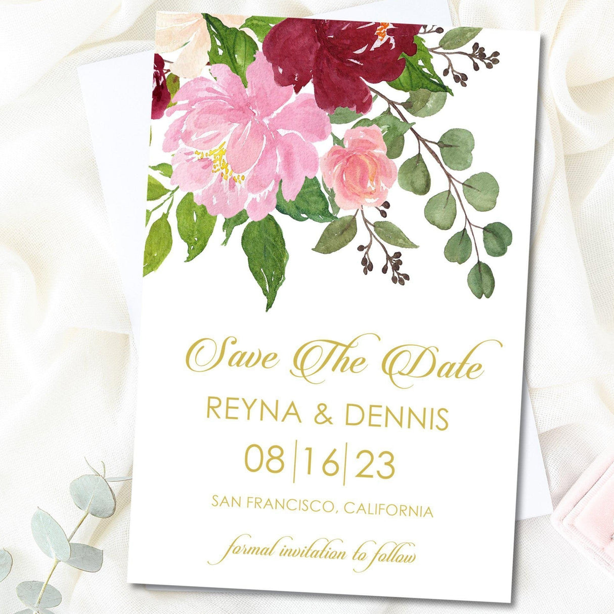 burgundy and blush floral save the date cards