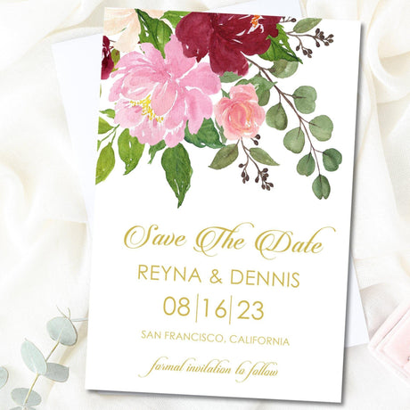 burgundy and blush floral save the date cards