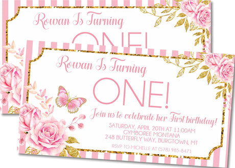 butterfly 1st birthday invitations pink floral design