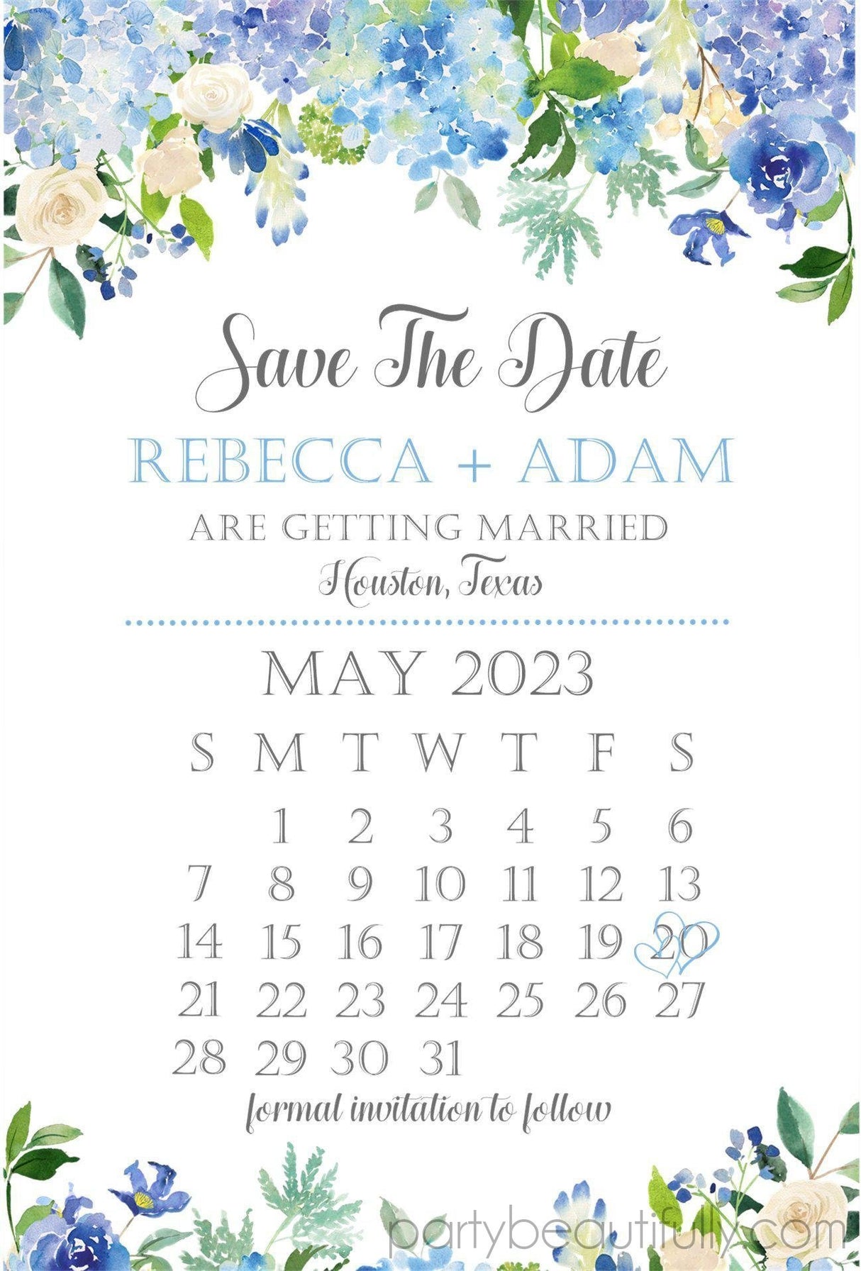 calendar style wedding save the dates blue floral greenery theme