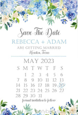calendar style wedding save the dates blue floral greenery theme