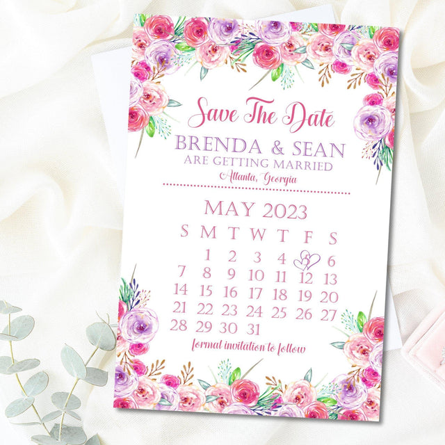 calendar style wedding save the dates blush pink flower theme