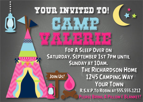 camping invitation cards sleepover birthday party style