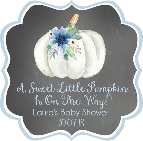 chalkboard blue pumpkin baby shower sticker with white pumpkin