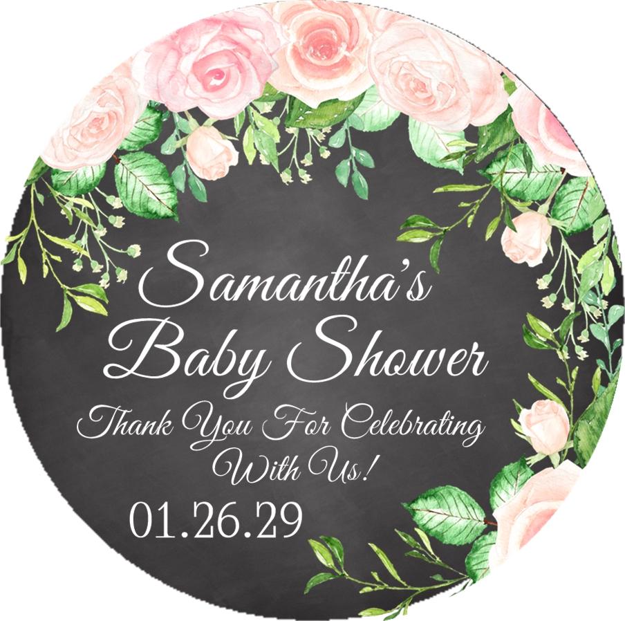 chalkboard floral baby shower sticker with pink roses