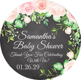 chalkboard floral baby shower sticker with pink roses