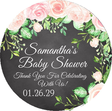 chalkboard floral baby shower sticker with pink roses