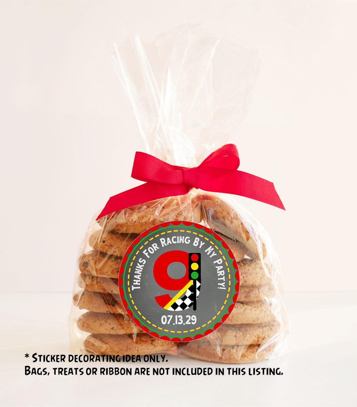 checkered flag and traffic light racing party favor label