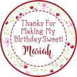 cherry birthday sticker with floral cherry wreath and personalized name