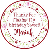 cherry birthday sticker with floral cherry wreath and personalized name