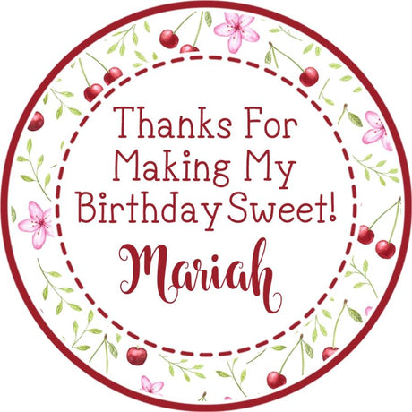 cherry birthday sticker with floral cherry wreath and personalized name