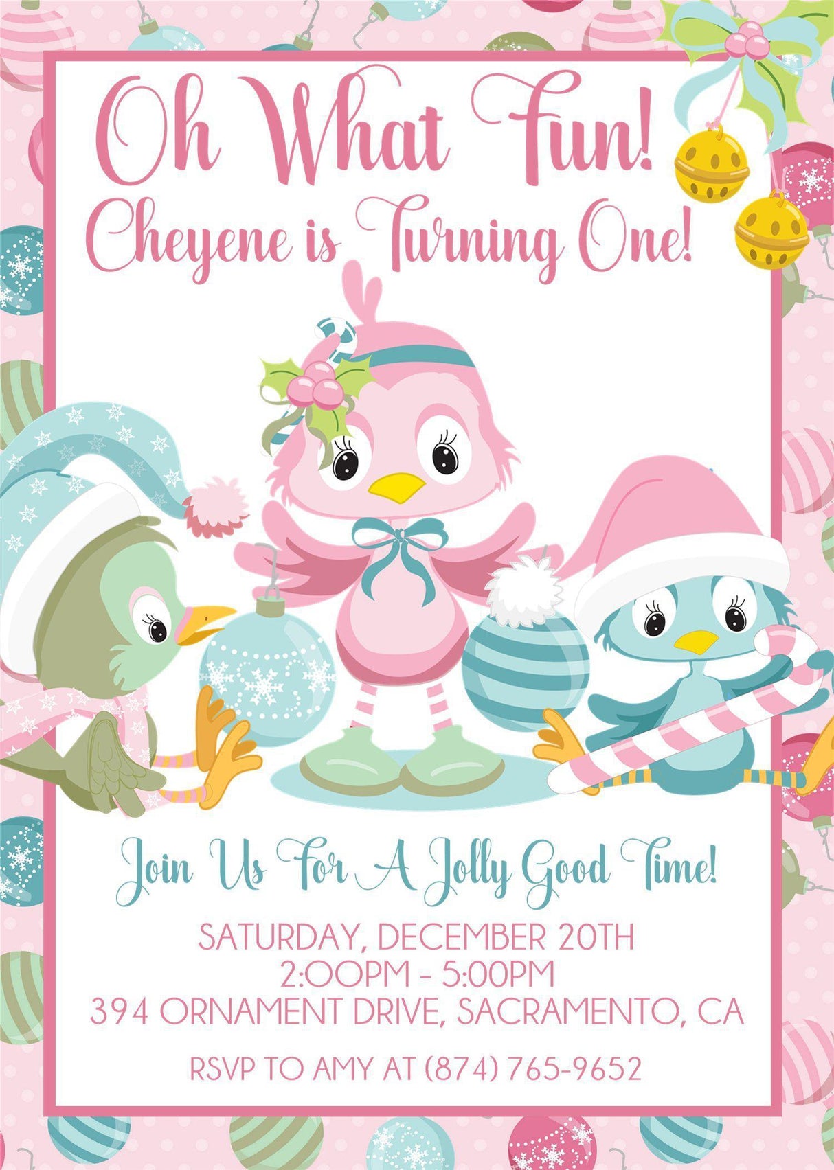 christmas 1st birthday invitations festive winter bird design