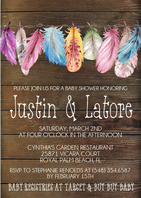 colorful feather invitation cards rustic wood style