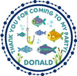 colorful fish birthday sticker with bubbles and fishing hook