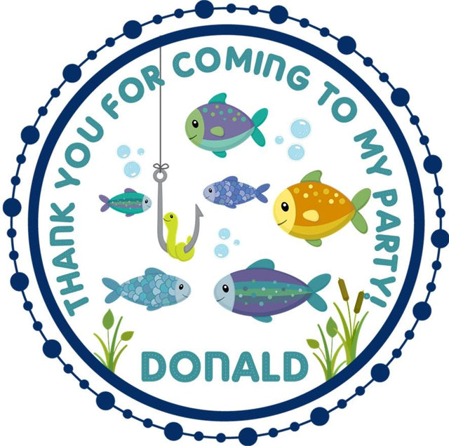 colorful fish birthday sticker with bubbles and fishing hook
