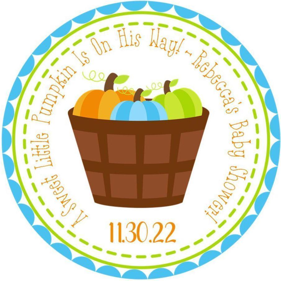 colorful pumpkin baby shower sticker with basket of pumpkins