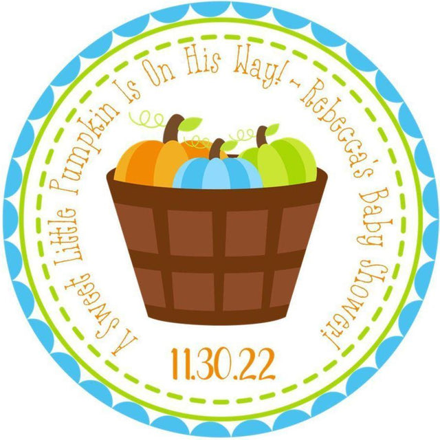 colorful pumpkin baby shower sticker with basket of pumpkins