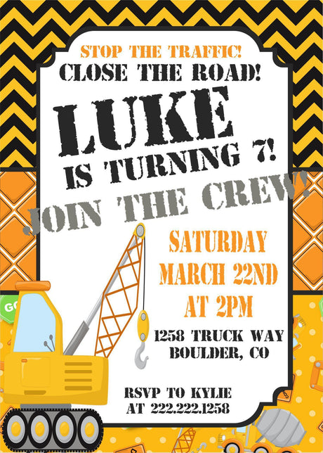 construction truck birthday invitations caution zone theme