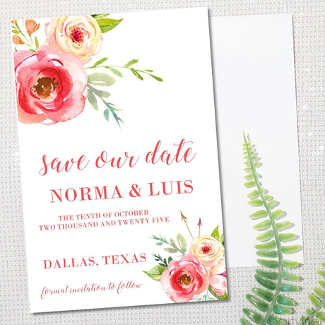 coral floral save the date cards romantic watercolor wedding design