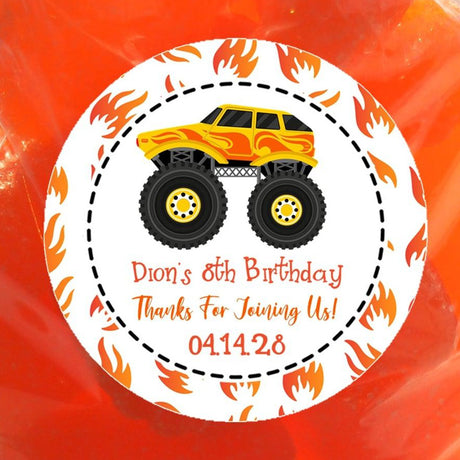 custom orange monster truck sticker with name and date