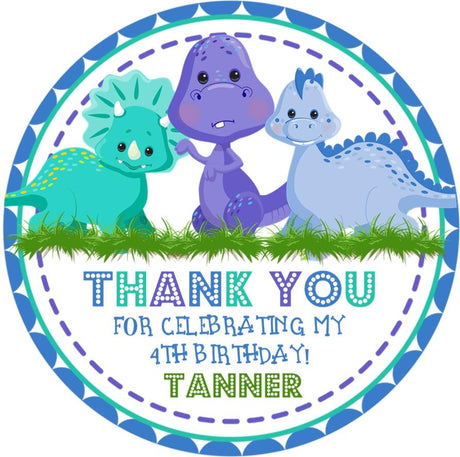 cute blue and purple dinosaur birthday sticker for toddlers