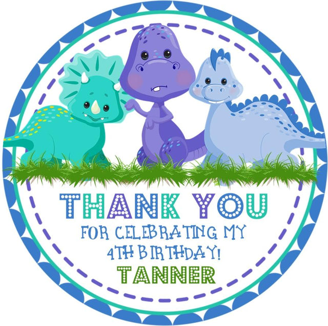cute blue and purple dinosaur birthday sticker for toddlers