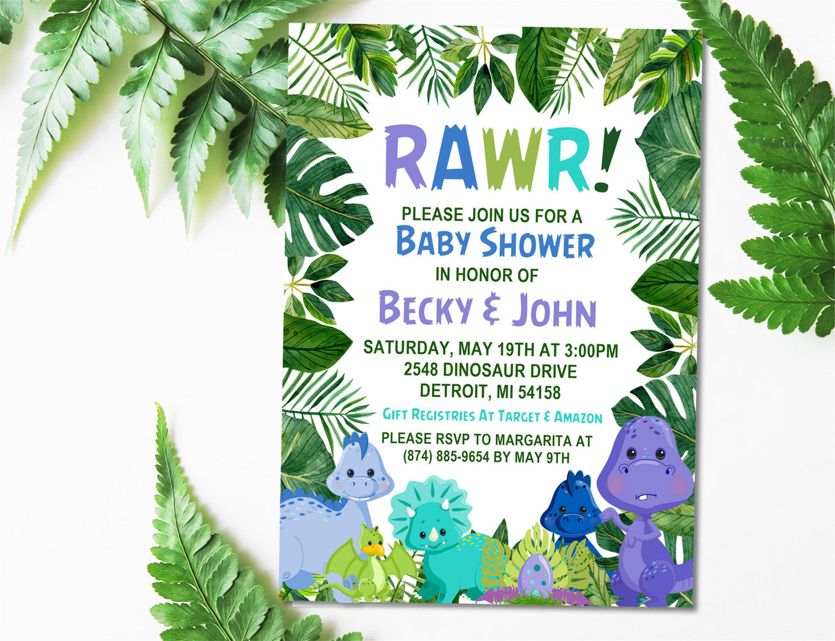 cute dinosaur baby shower invitations green leaf theme