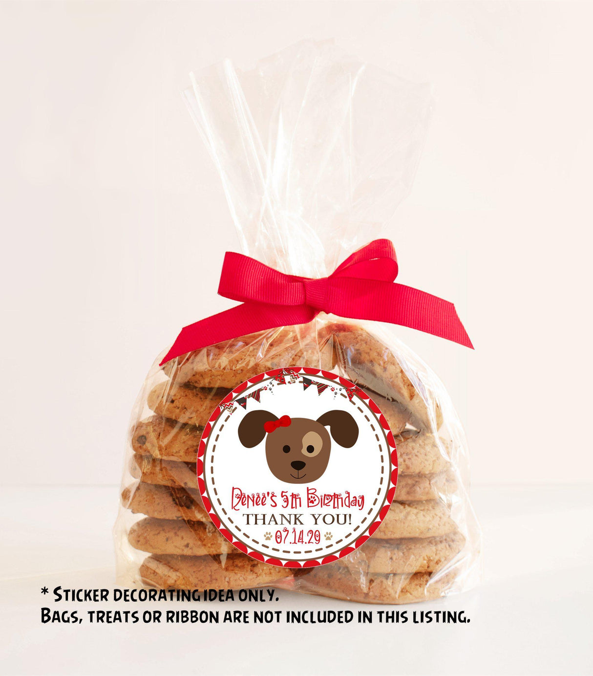 cute dog face birthday favor label in red